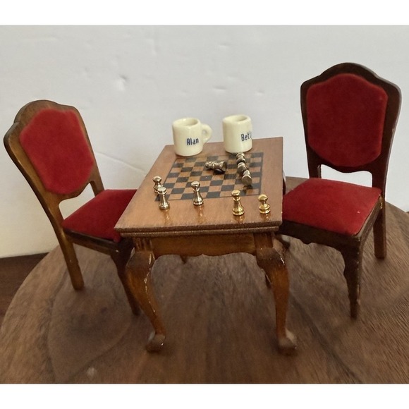 High End Commercial Other - Dollhouse Lot Chess Set Board Marquetry Game Table Chairs Miniature 1:12 Vintage